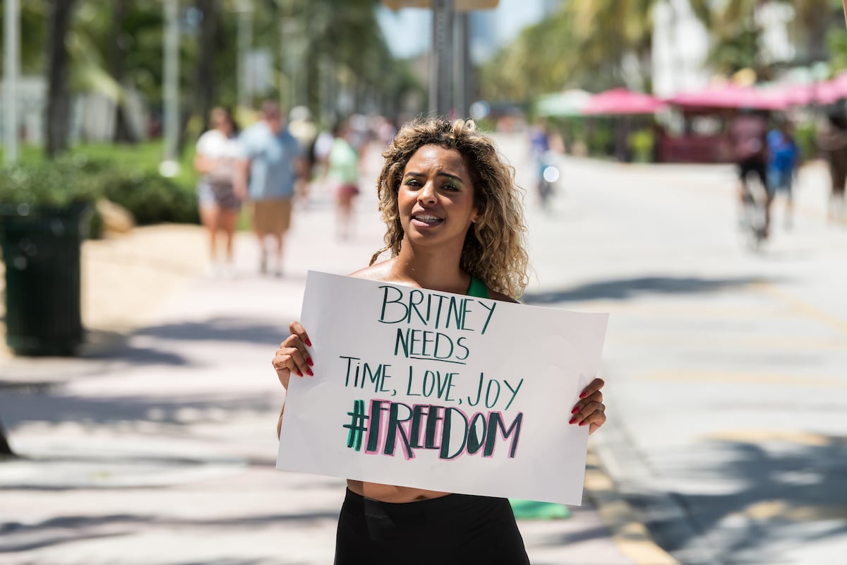 Britney Spears supporter at a #FreeBritney South Beach Rally on August 7, 2021 in Miami Beach, Florida