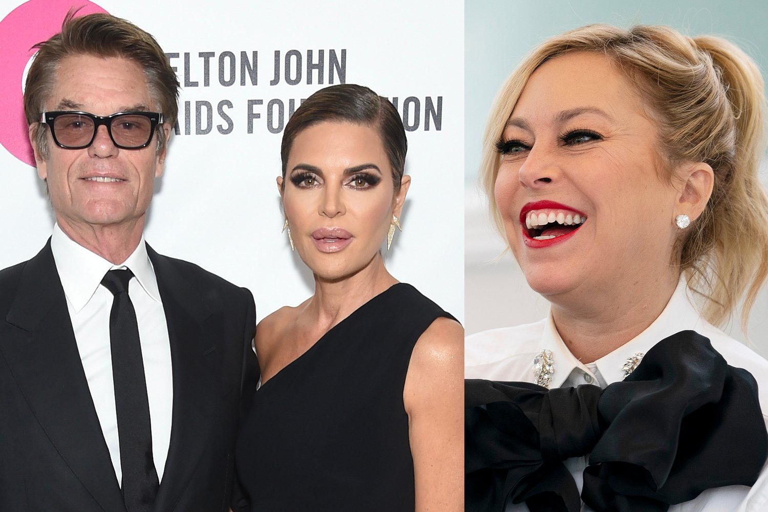 Harry Hamlin and Lisa Rinna pose for the cameras (left) and Sutton Stracke smiles (right)