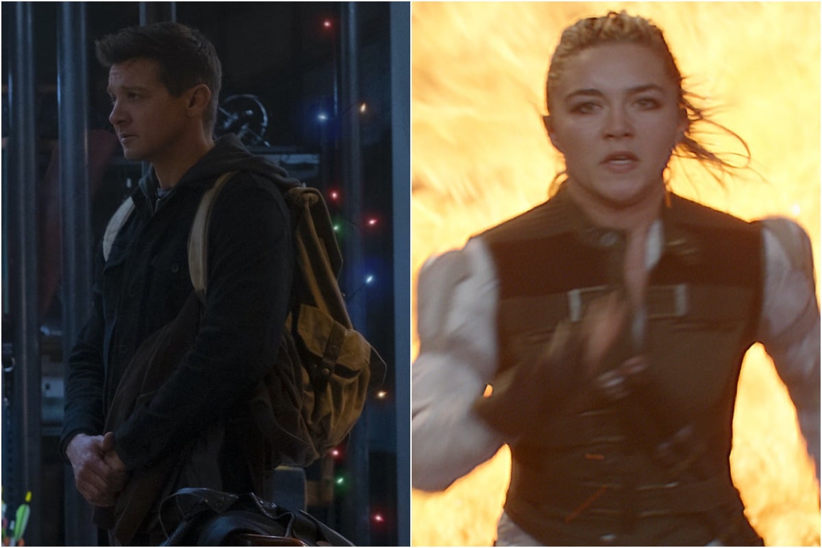 Jeremy Renner as Clint Barton in 'Hawkeye' the series / Florence Pugh as Yelena Belova in 'Black Widow'