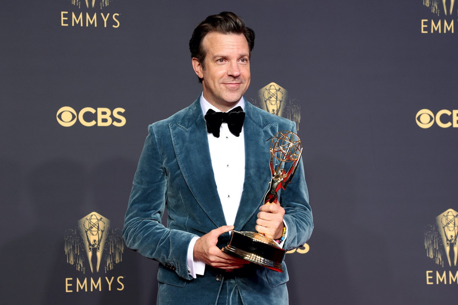 Jason Sudeikis, winner of 2021 Emmys Outstanding Lead Actor in a Comedy Series for 'Ted Lasso', poses in the press room
