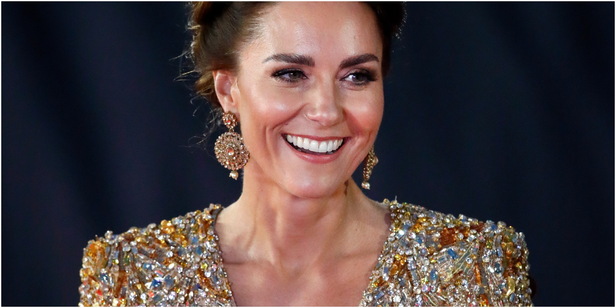 james bond premiere kate middleton gold dress Kate Middleton Attends No Time to Die Premiere in Gold Sequin Gown