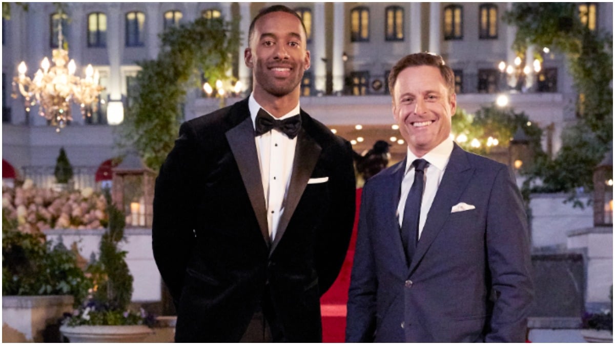 Matt James and Chris Harrison on the set of The Bachelor.