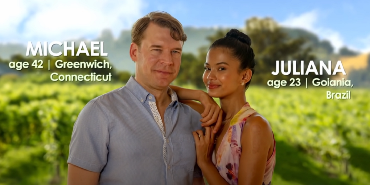 Michael Jessen and Juliana Custodio on 90 Day Fiancé -- Juliana leans on Michael's shoulder and they both look into the camera.
