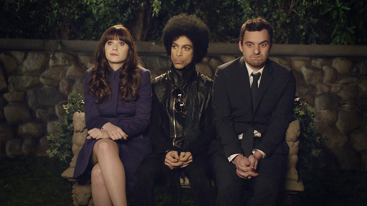 (L-R) Zooey Deschanel, Prince, and Jake Johnson in 'New Girl'