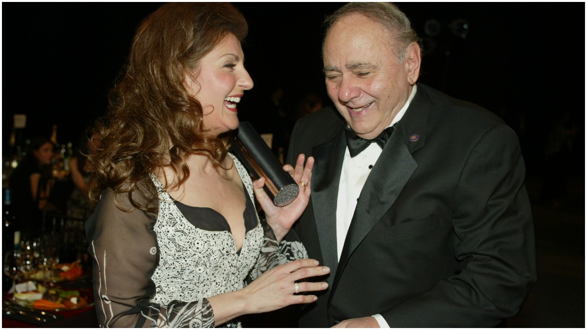 Nia Vardalos smiles with Michael Constantine in a photo for "My Big Fat Greek Wedding."