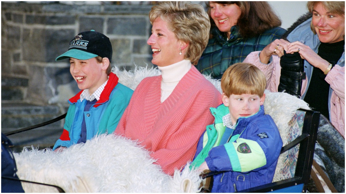 Prince William, Princess Diana, Prince Harry laugh on a sleigh ride.