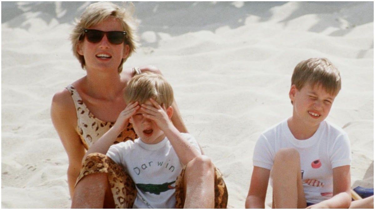 Princess Diana, Prince Harry and Prince William enjoy time on the beach.