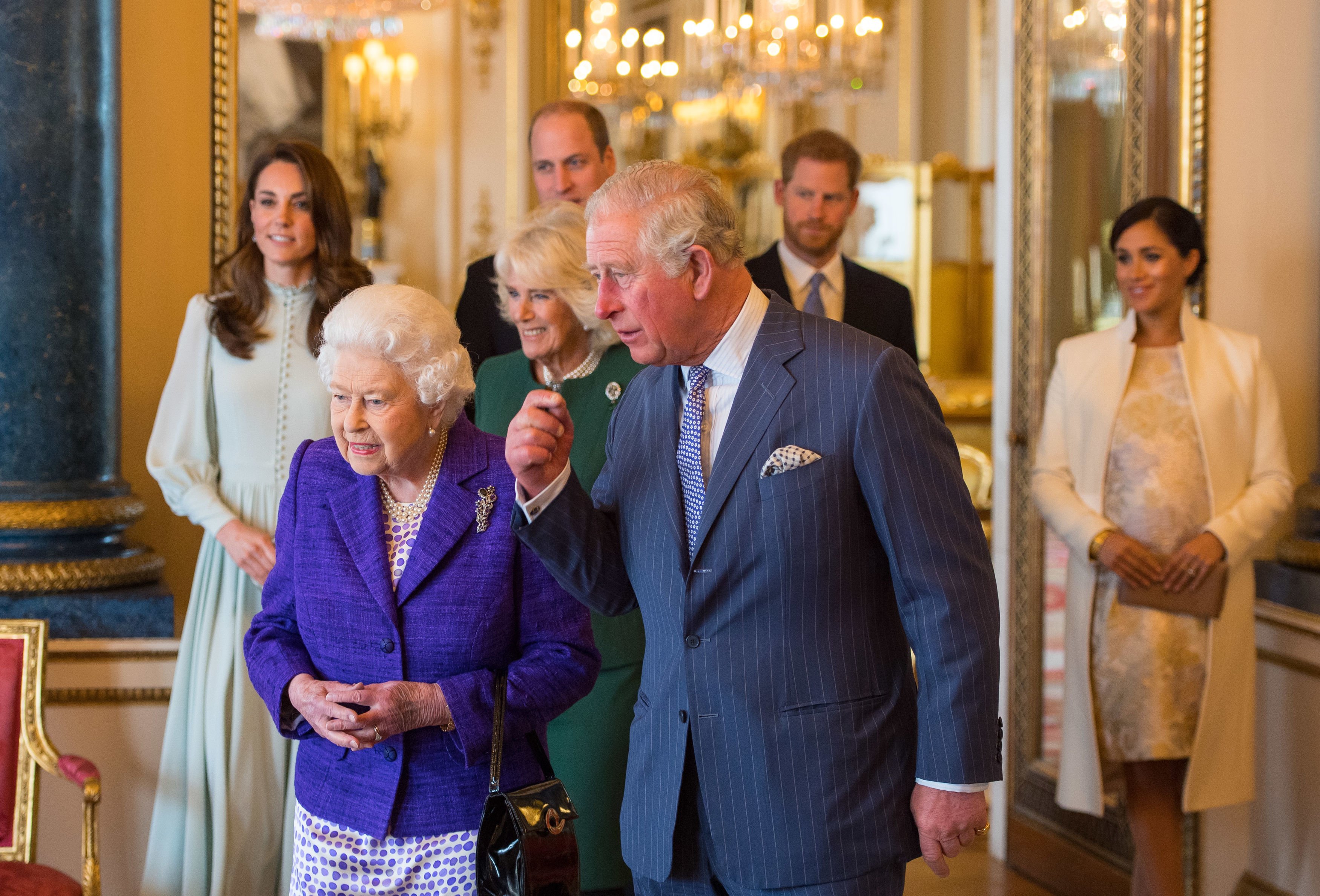 Prince Charles and Queen Elizabeth lead the senior members of the royal family for a photo op.
