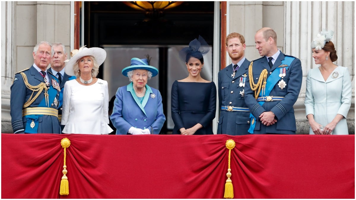 Prince Harry and the royal family on the balcony of Buckingham Palace.