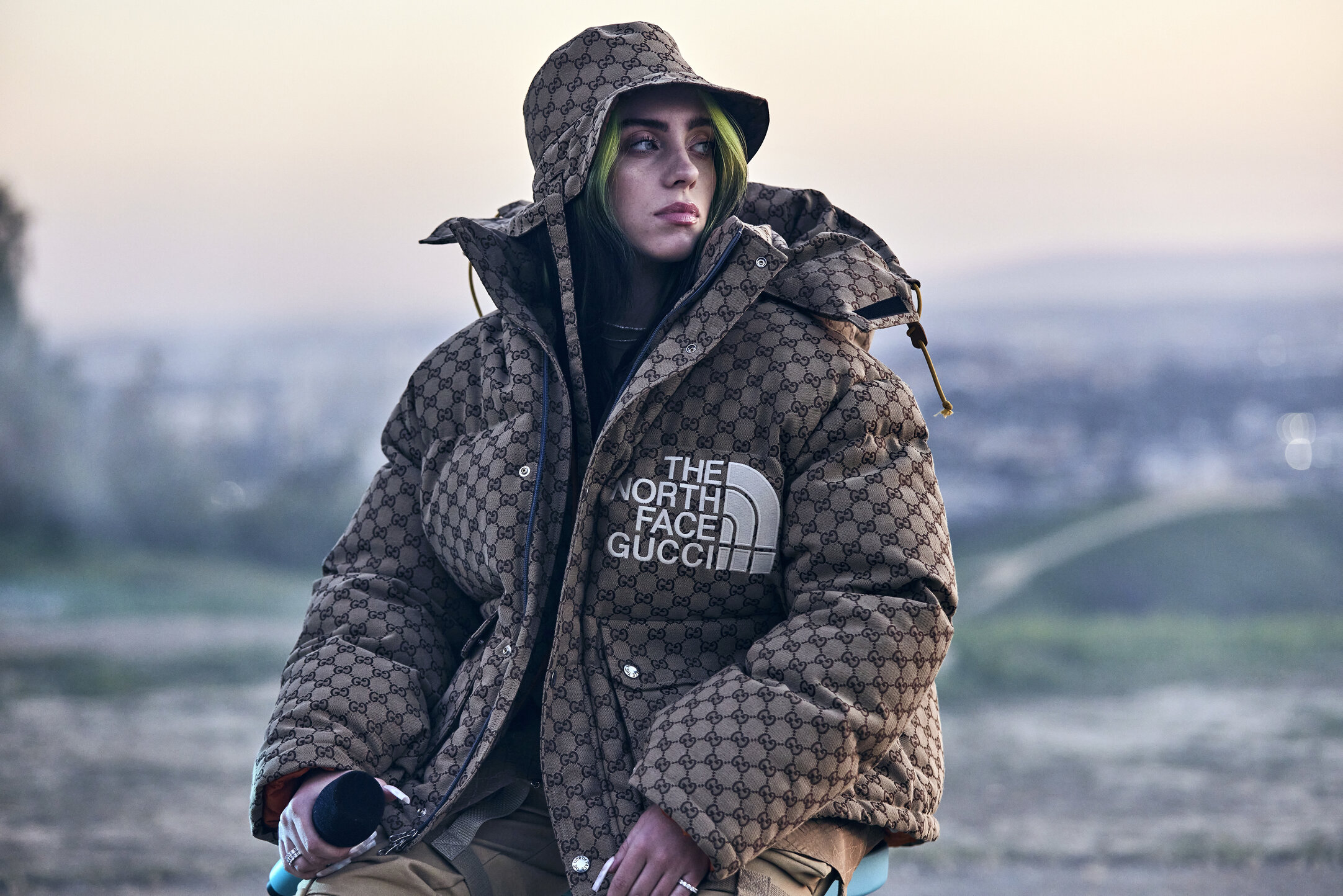 Billie Eilish in the hills of Los Angeles in a big puffer coat.