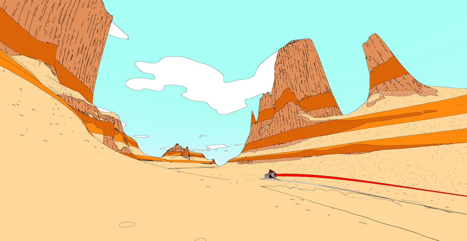 The brightly-colored desert in Shedworks' upcoming game, Sable, inspired by Zelda: Breath of the Wild