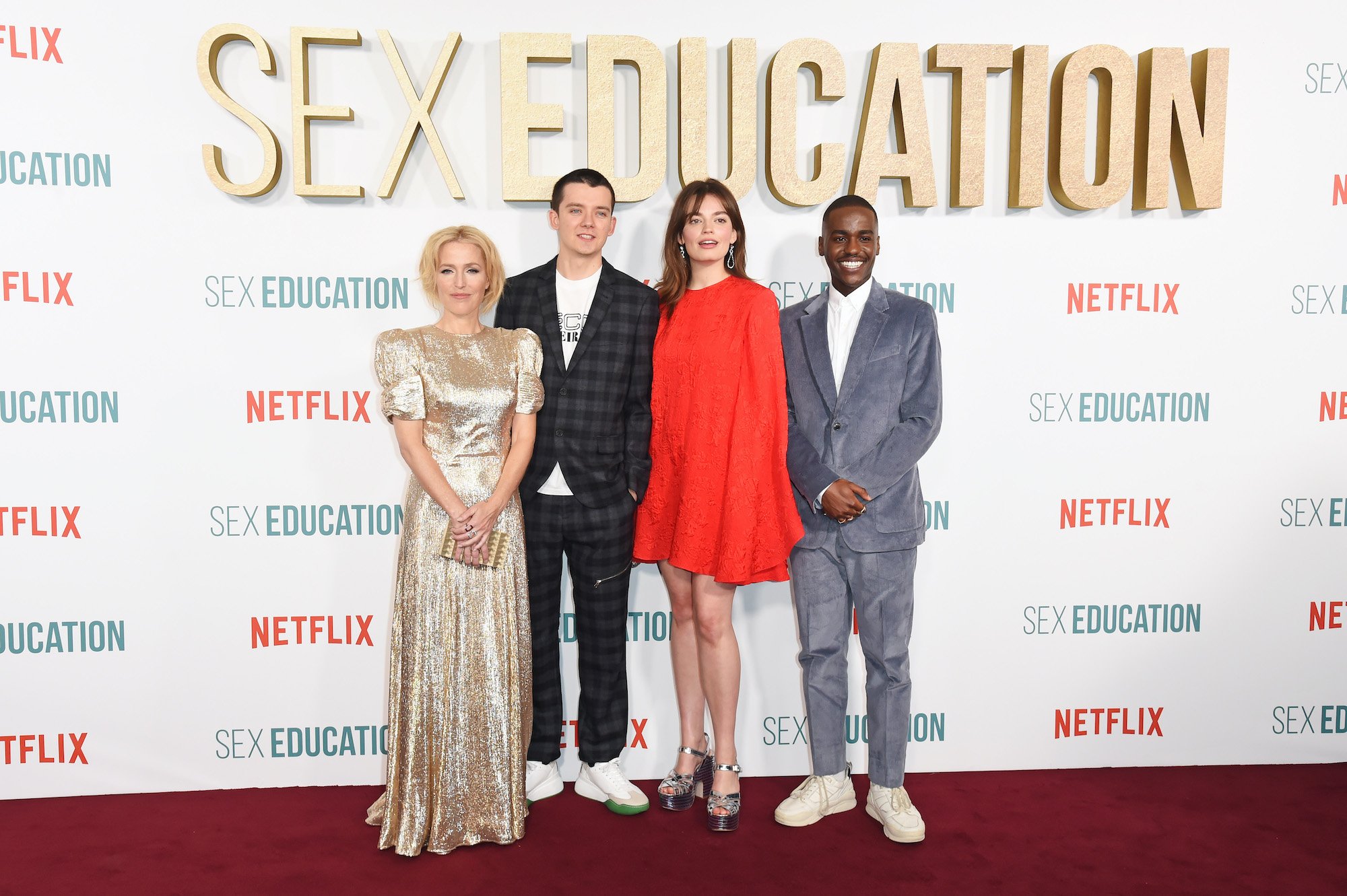 Gillian Anderson, Asa Butterfield, Emma Mackey and Ncuti Gatwa attend the World Premiere of Netflix's "Sex Education" Season 2