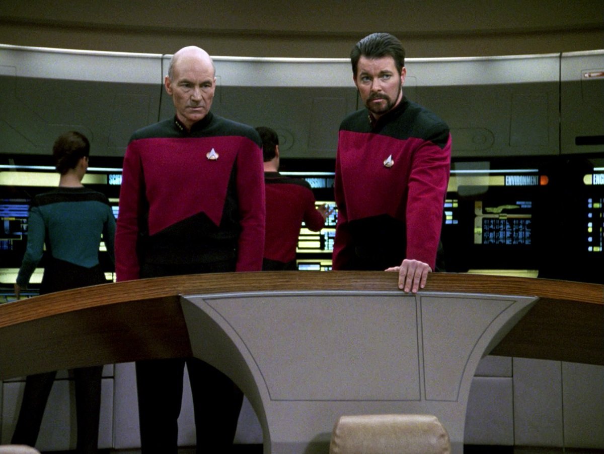 Patrick Stewart as Captain Jean-Luc Picard and Jonathan Frakes as Commander Will Riker in 'Star Trek: The Next Generation'
