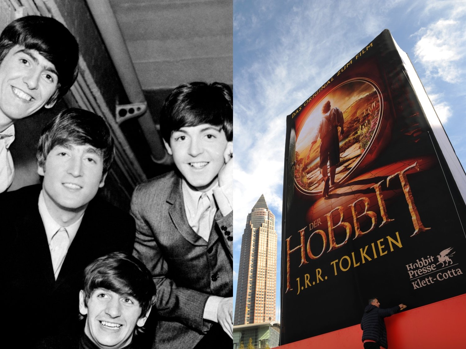 John Lennon, Paul McCartney, George Harrison and Ringo Starr of The Beatles; 'The Hobbit' inflatable billboard