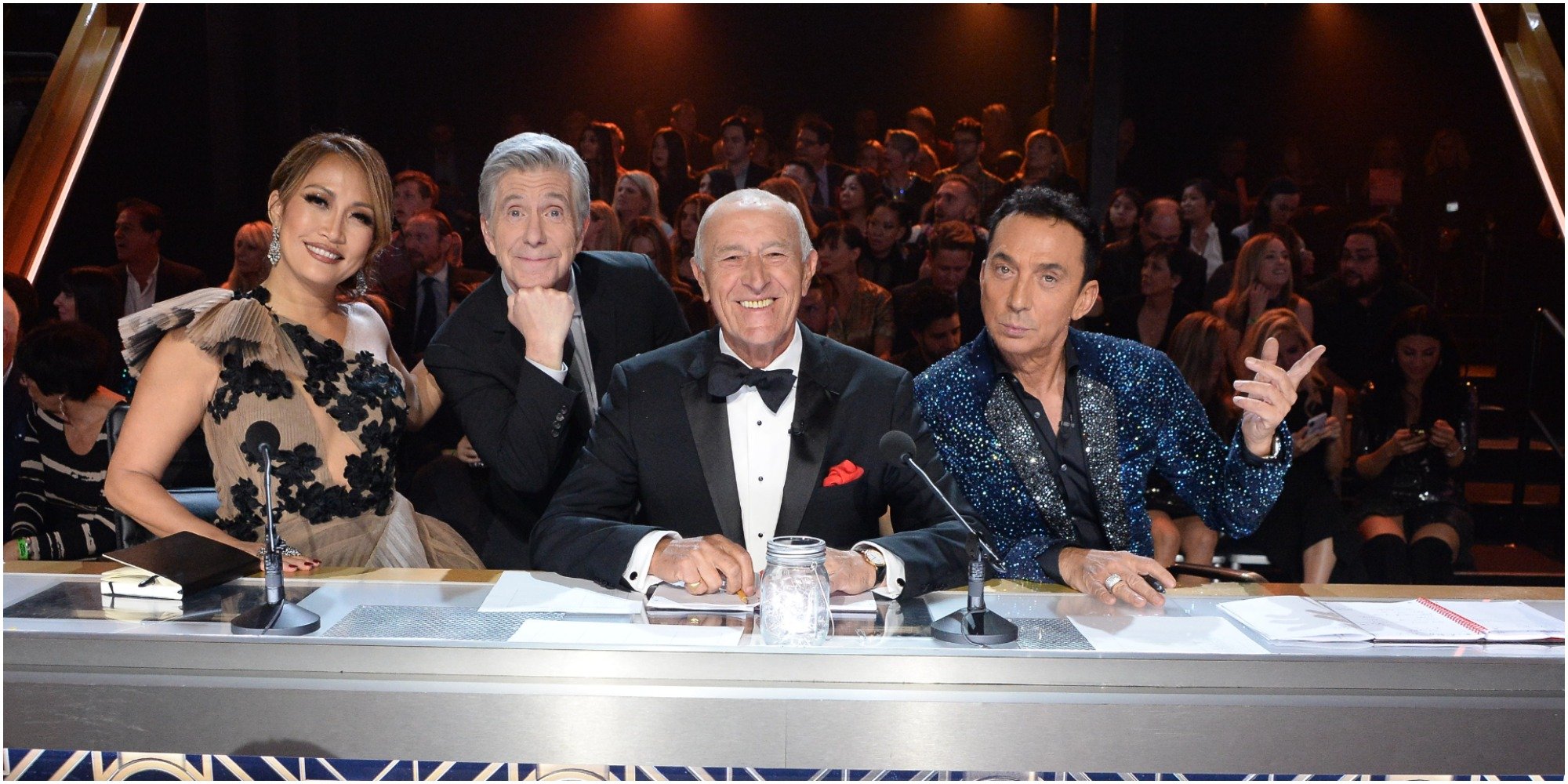 Tom Bergeron with Carrie Ann Inaba, Len Goodman and Bruno Tonioli on the set of "Dancing With the Stars."