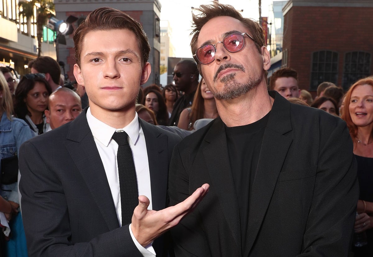 (L-R) Tom Holland (Peter Parker) and Robert Downey Jr. (Tony Stark) attend the premiere of Columbia Pictures' 'Spider-Man: Homecoming' on June 28, 2017, in Hollywood, California.