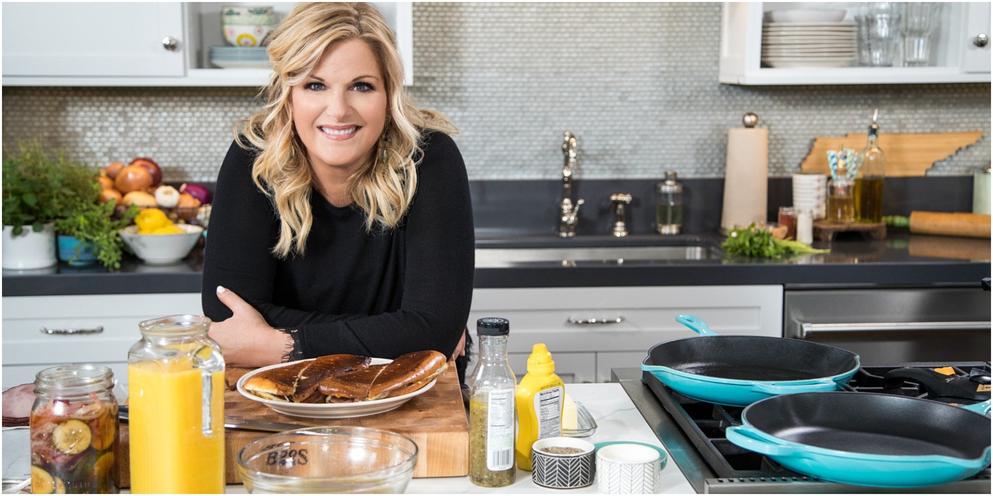 Trisha Yearwood poses on the set of her Food Network Show where she made Chicken Pot Pie burgers.
