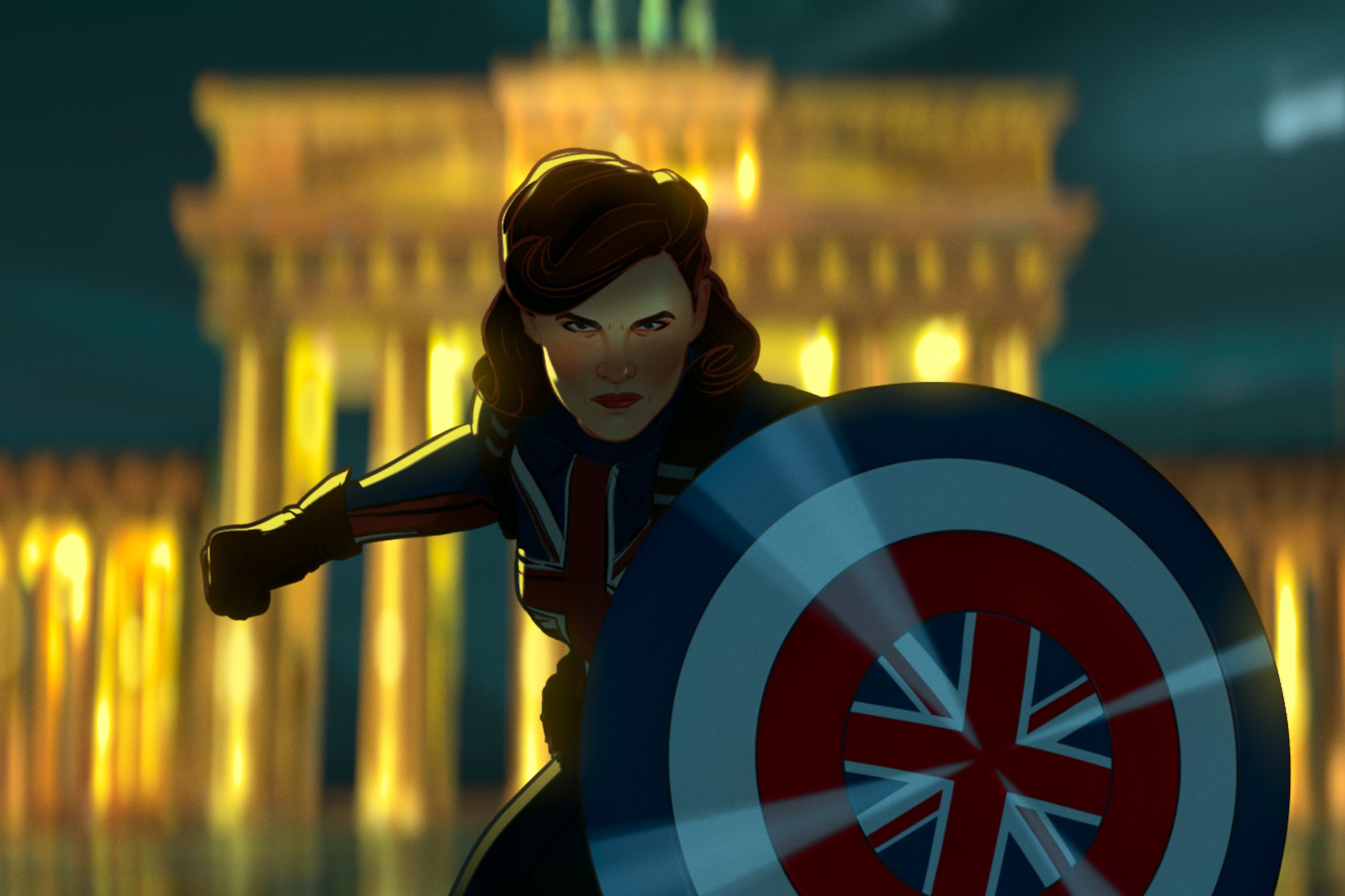 'What If...?' character Captain Carter, who can be seen in a post-credits scene, wears her superhero uniform and carries a shield with the Great Britain flag on it.
