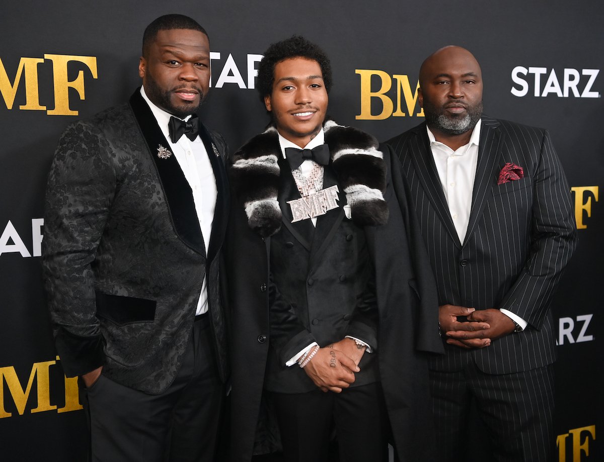 50 Cent, Demetrius Flenory Jr. and Randy Huggins attend STARZ Series "BMF" World Premiere wearing all black