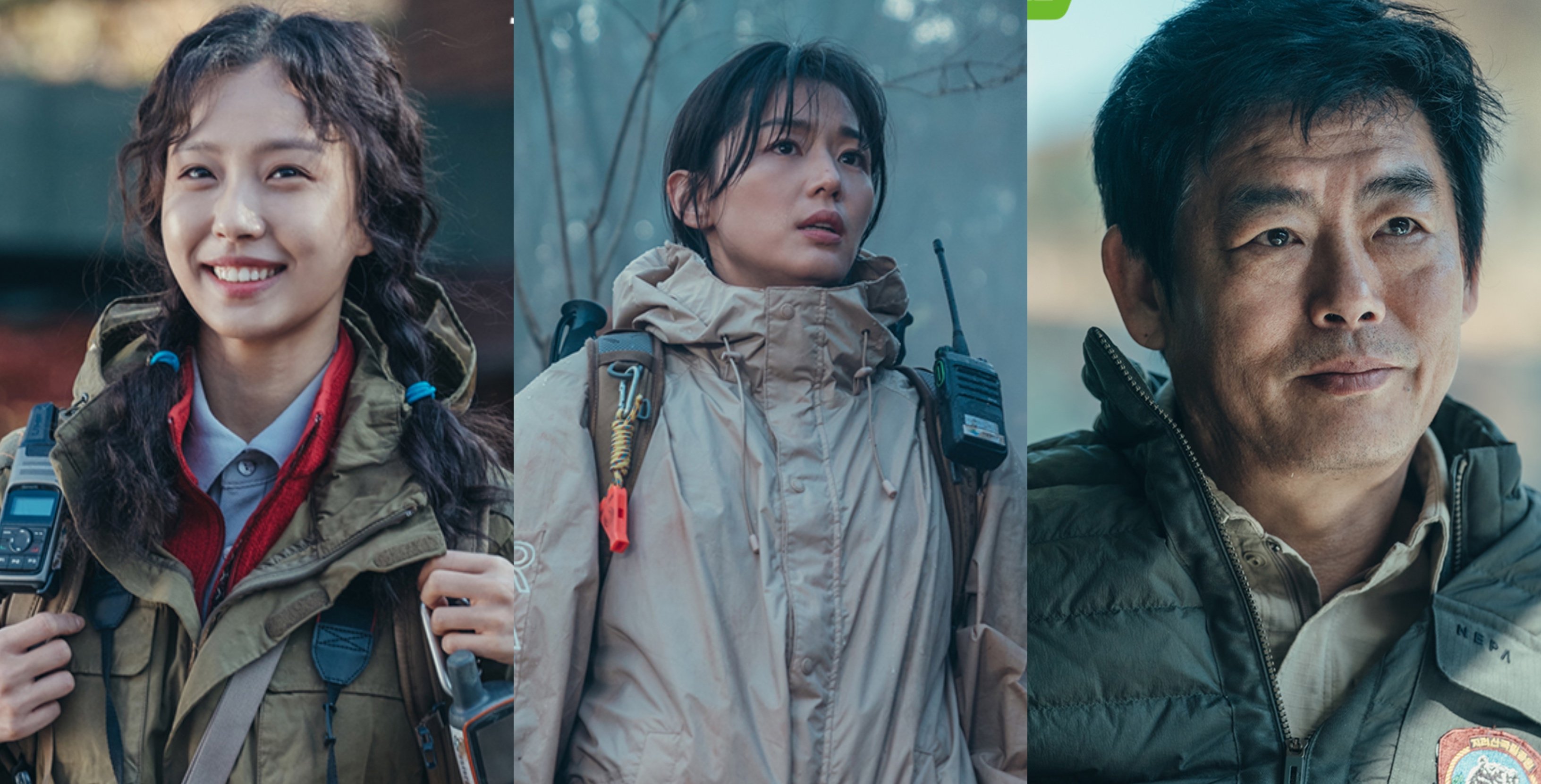 Actors Go Min-si, Jun Ji-hyun, and Sung Dong-il for 'Jirisan' main cast wearing hiking gear