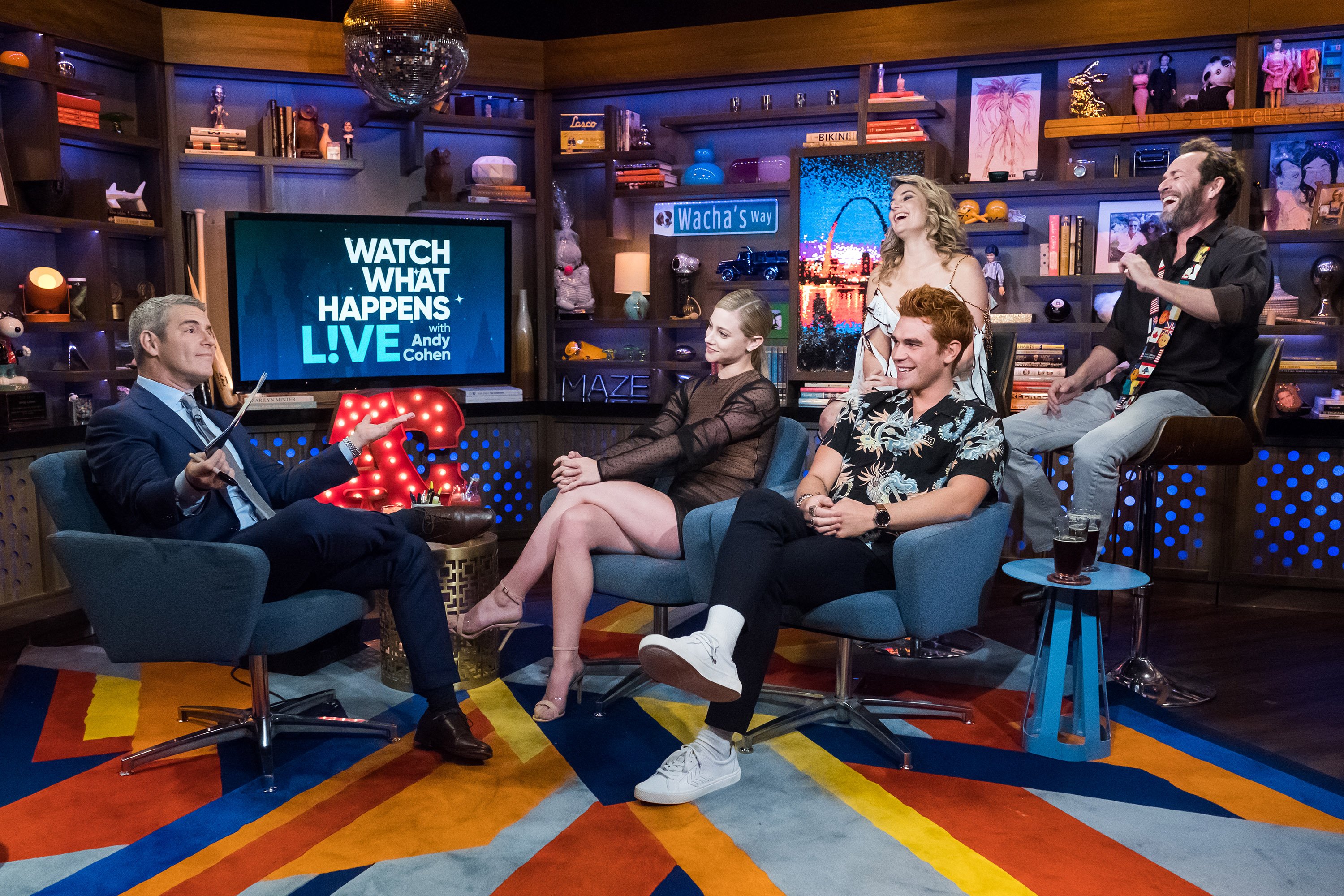 Andy Cohen in the 'WWHL' Club House with the cast of 'Riverdale' including Lili Reinhart, KJ Apa, Mädchen Amick and Luke Perry