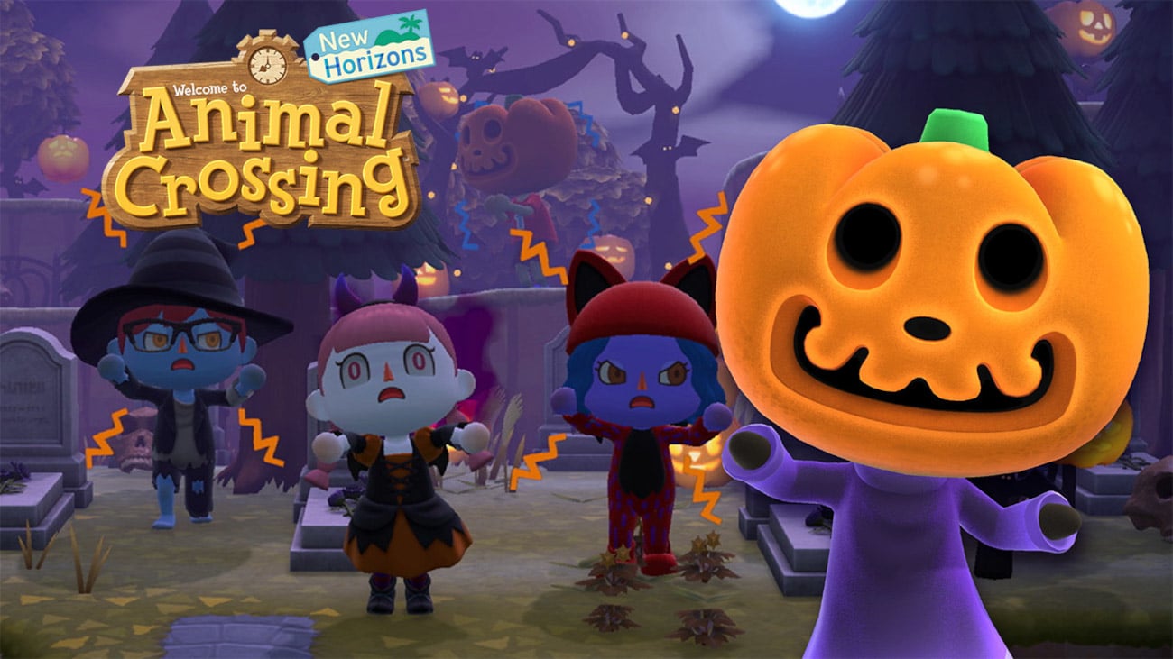 Halloween artwork for 'Animal Crossing: New Horizons.' It shows Jack with his pumpkin head at the front and several villagers dressed in Halloween costumes behind him.