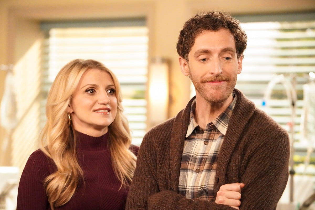 'B Positive' actor Annaleigh Ashford in a purple turtleneck, and Thomas Middleditch in a plaid shirt and brown sweater in a scene from the CBS comedy.