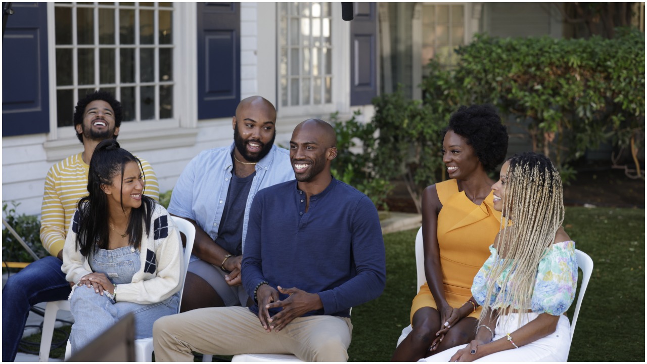 Finalists from the CBS series 'Big Brother 23' being interviewed on the CBS Radford Lot for Entertainment Tonight. Pictured L-R: Kyland Young, Hannah Chaddha, Derek Frazier, Xavier Prather, Azah Awasum, and Tiffany Mitchell