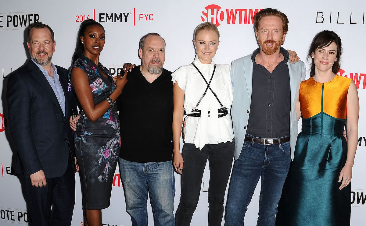 Billions cast: David Costabile (left), Condola Rashad, Paul Giamatti, Malin Akerman, Damian Lewis, and Maggie Siff on April 26, 2016,in Beverly Hills