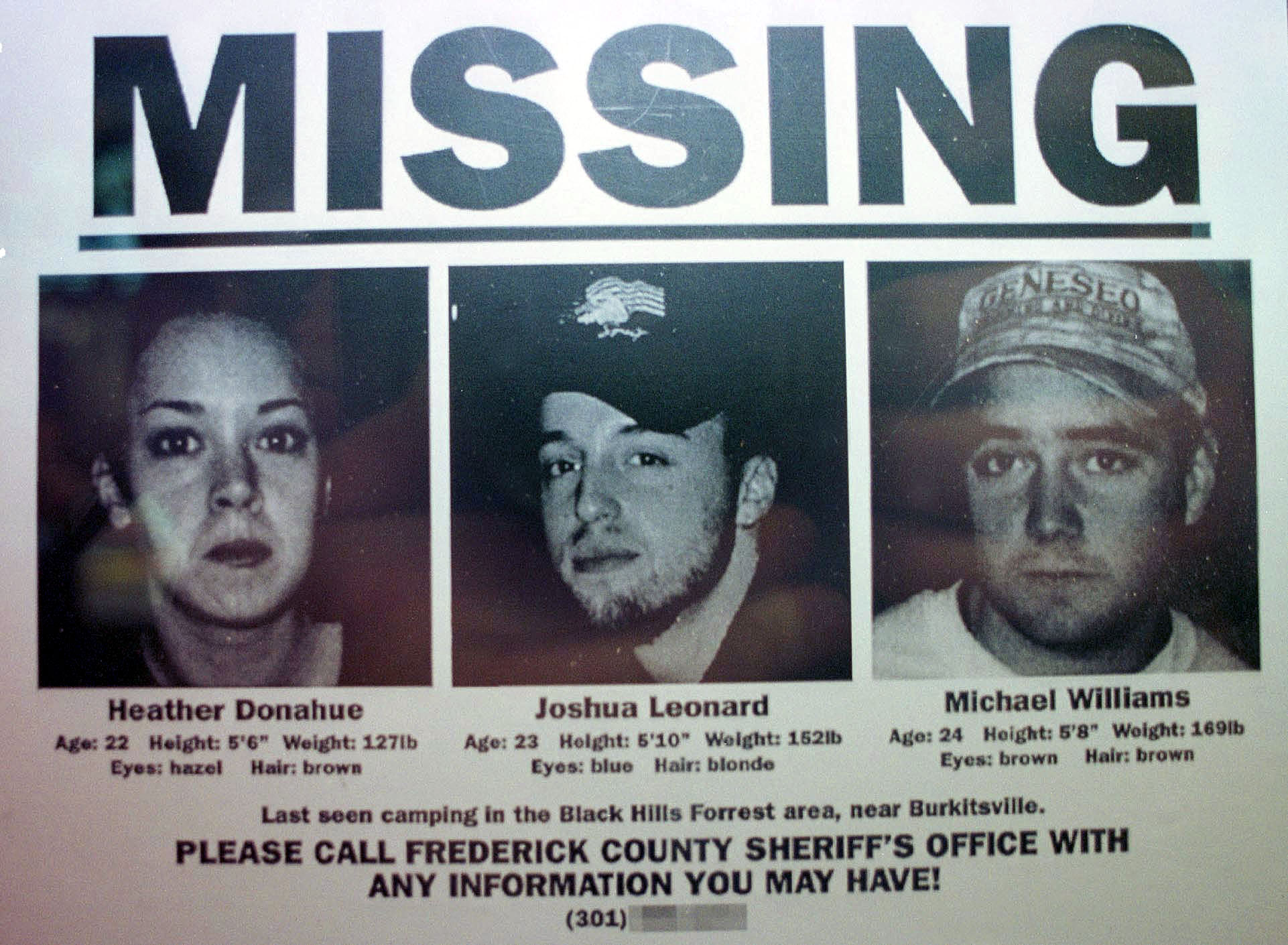 A missing poster with a picture of actors Heather Donahue, Joshua Leonard, and Michael Williams.