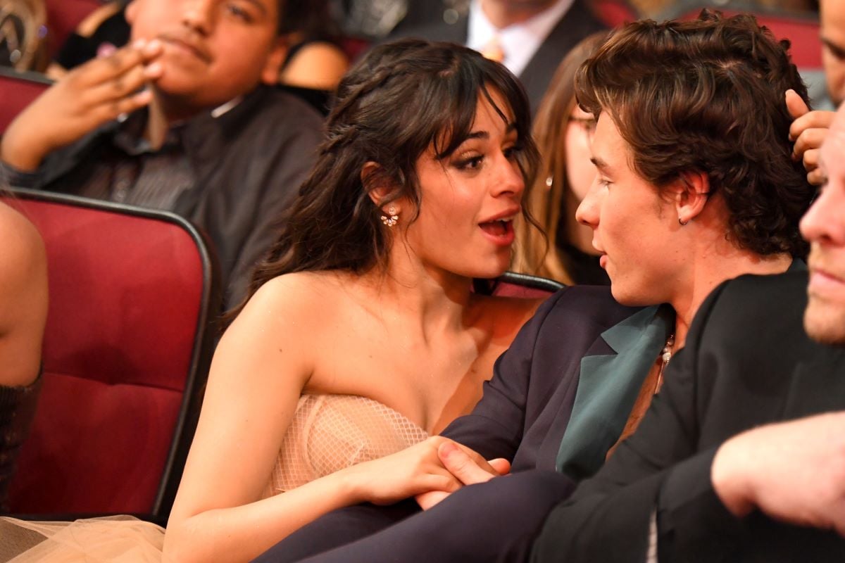 Camila Cabello gives Shawn Mendes a surprised look, both seated