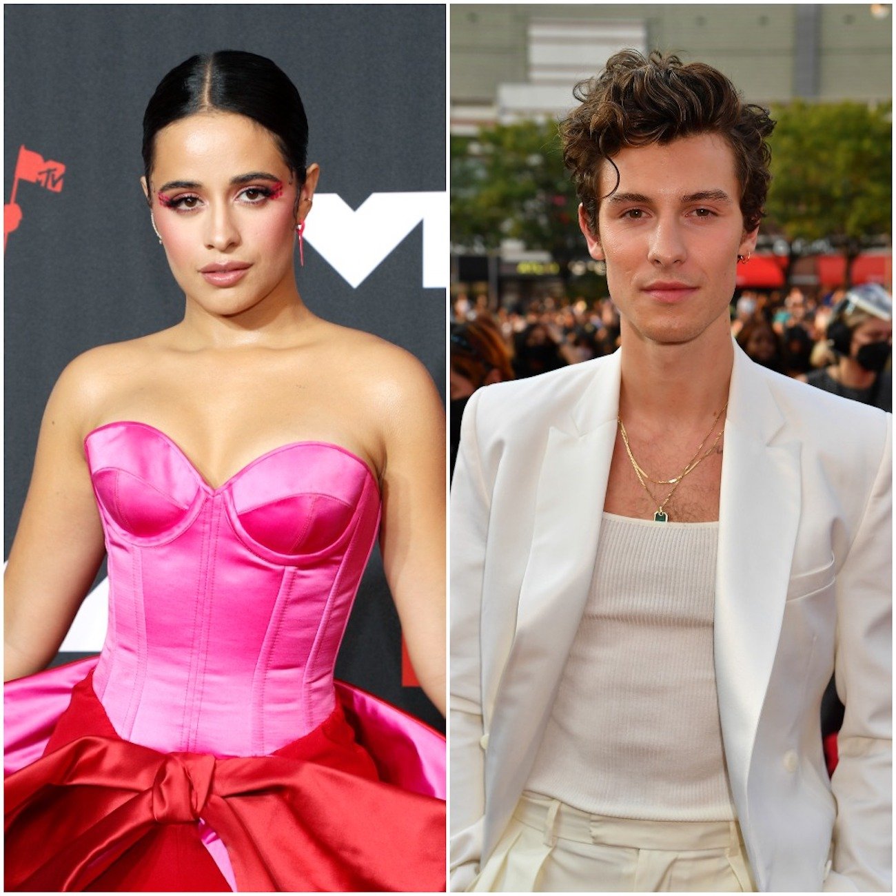 Camila Cabello wears a pink gown at the 2021 VMAs; Shawn Mendes wears a white outfit at the 2021 VMAs