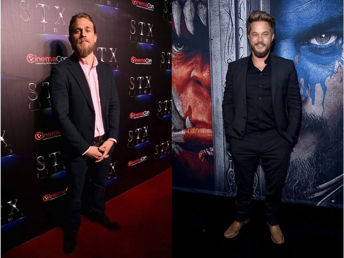 (L) Charlie Hunnam in a black suit stands with hands clasped in front of him/(R) Travis Fimmel in a black suit stands with hands in pockets