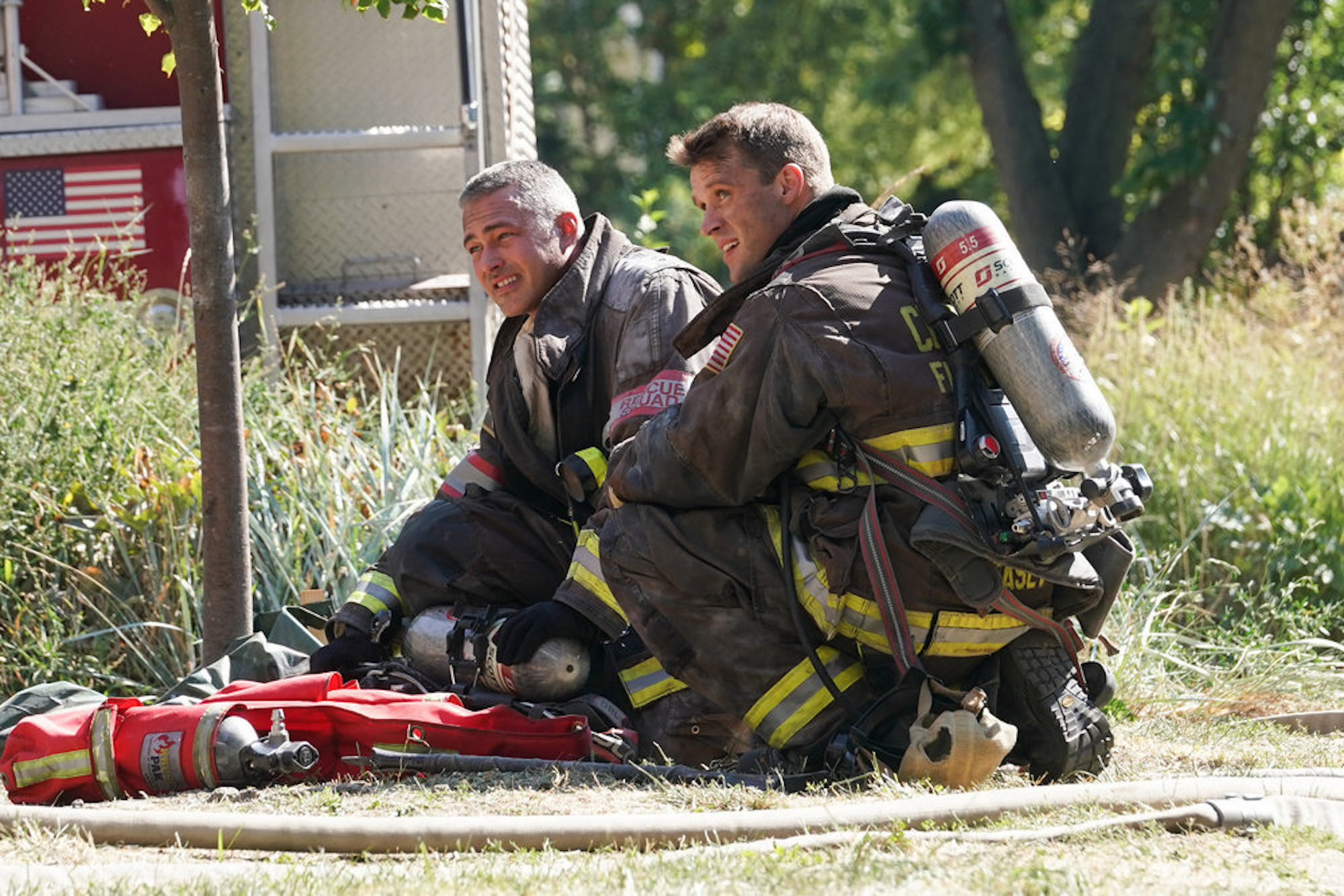 Taylor Kinney as Kelly Severide and Jesse Spencer as Matthew Casey in 'Chicago Fire' Episode 200, otherwise known as 'Chicago Fire' Season 10 Episode 5