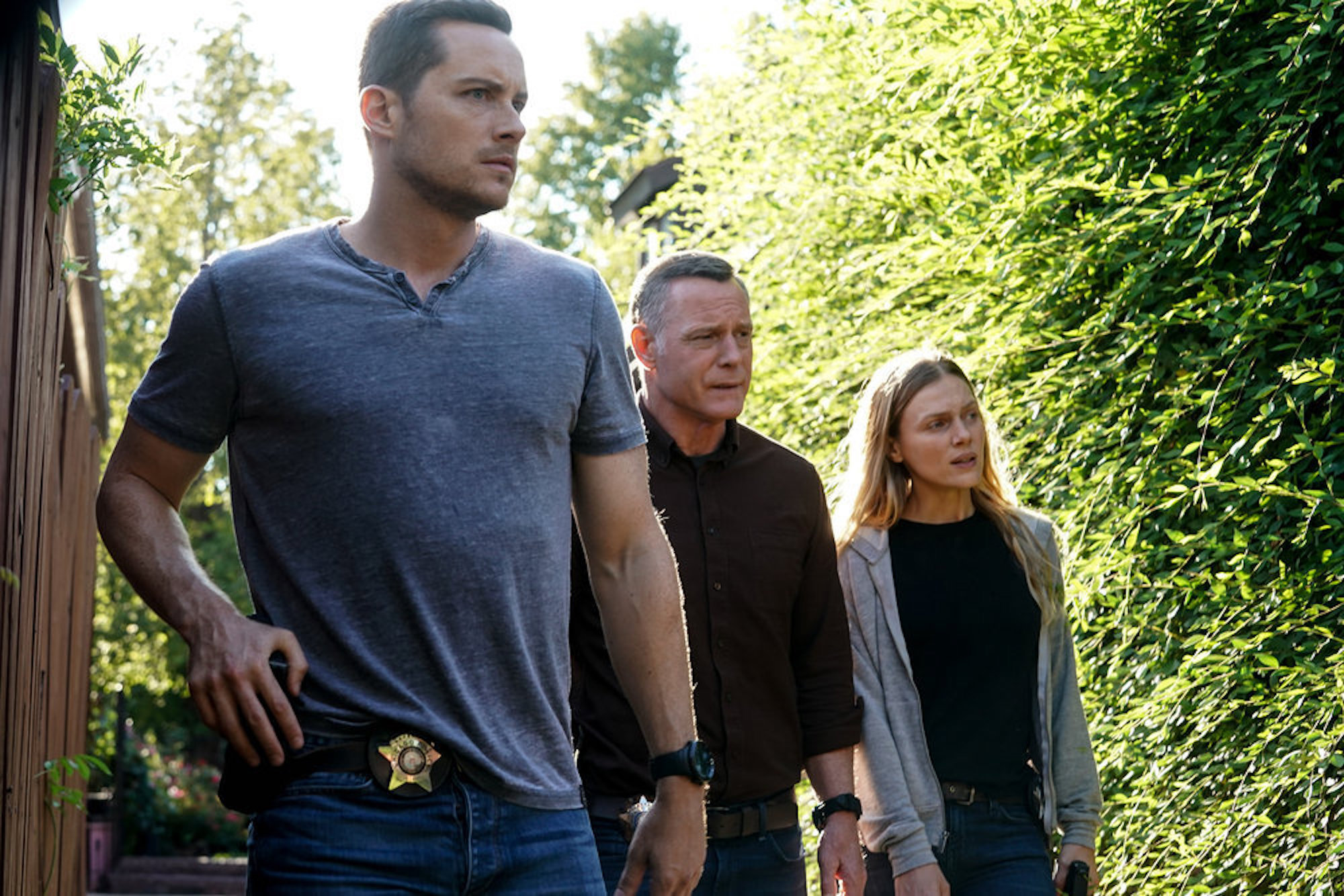 Jay Halstead, Hailey Upton, and Hank Voight in 'Chicago P.D.' Season 9 Episode 4. 'Chicago P.D.' Season 9 spoilers note Halstead confronts Voight about Roy's death