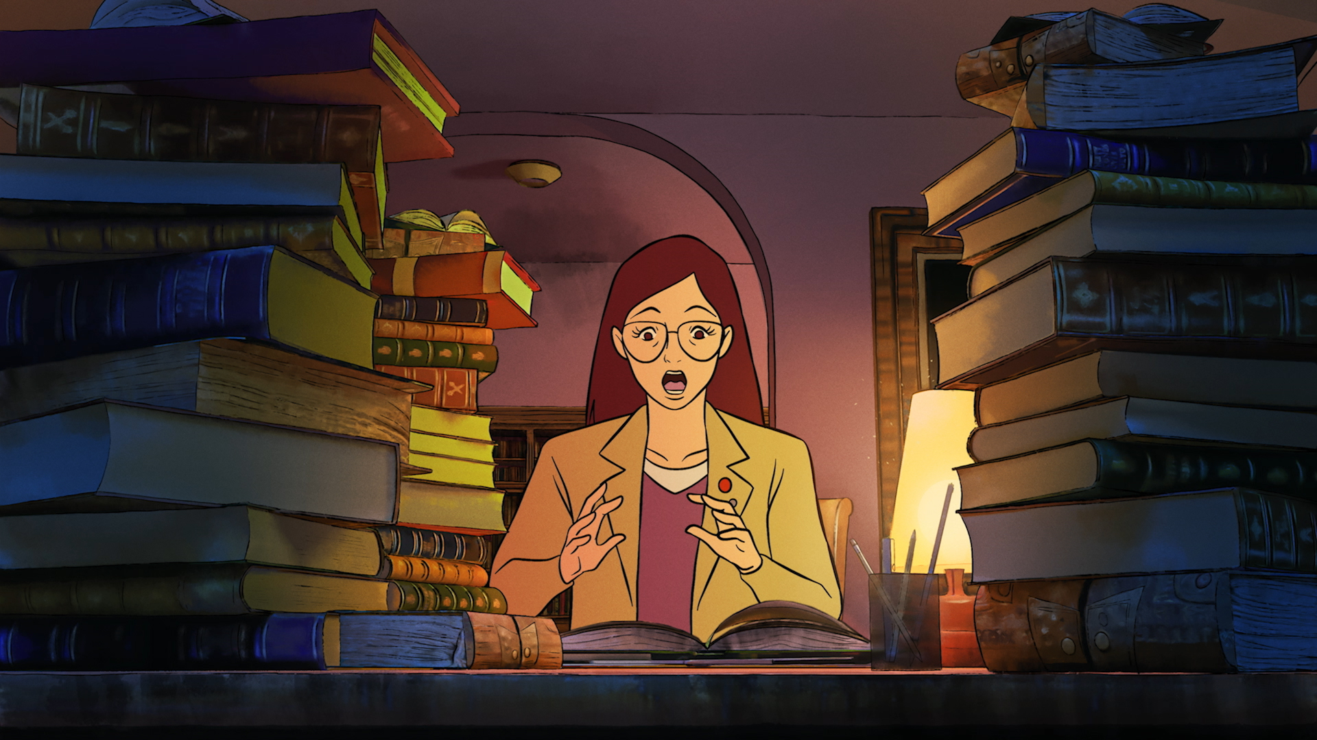 An animated still from the 'Creepshow' segment titled 'The Things in Oakwood's Past' shows Marnie, the local librarian. Marnie is voiced by Danielle Harris.