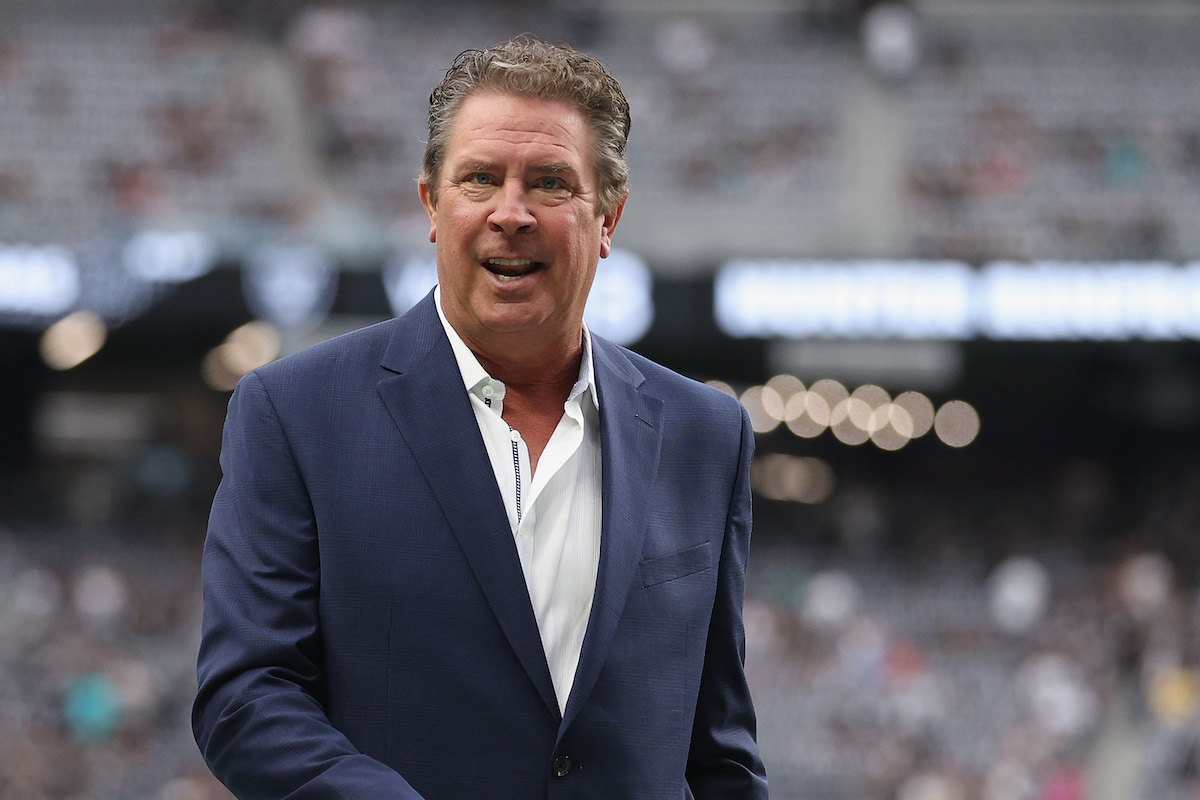 Miami Dolphins special adviser Dan Marino on the field before the NFL game against the Las Vegas Raiders at Allegiant Stadium on September 26, 2021, in Las Vegas
