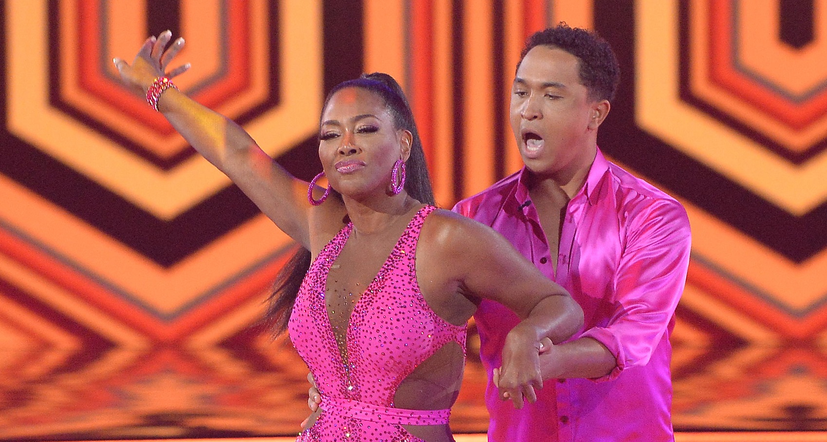 dancing with the stars this week focuses on kenya moore, pictured here in a pink dress