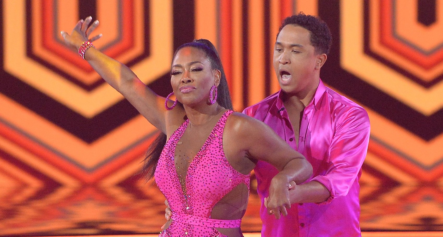 dancing with the stars this week focuses on kenya moore, pictured here in a pink dress