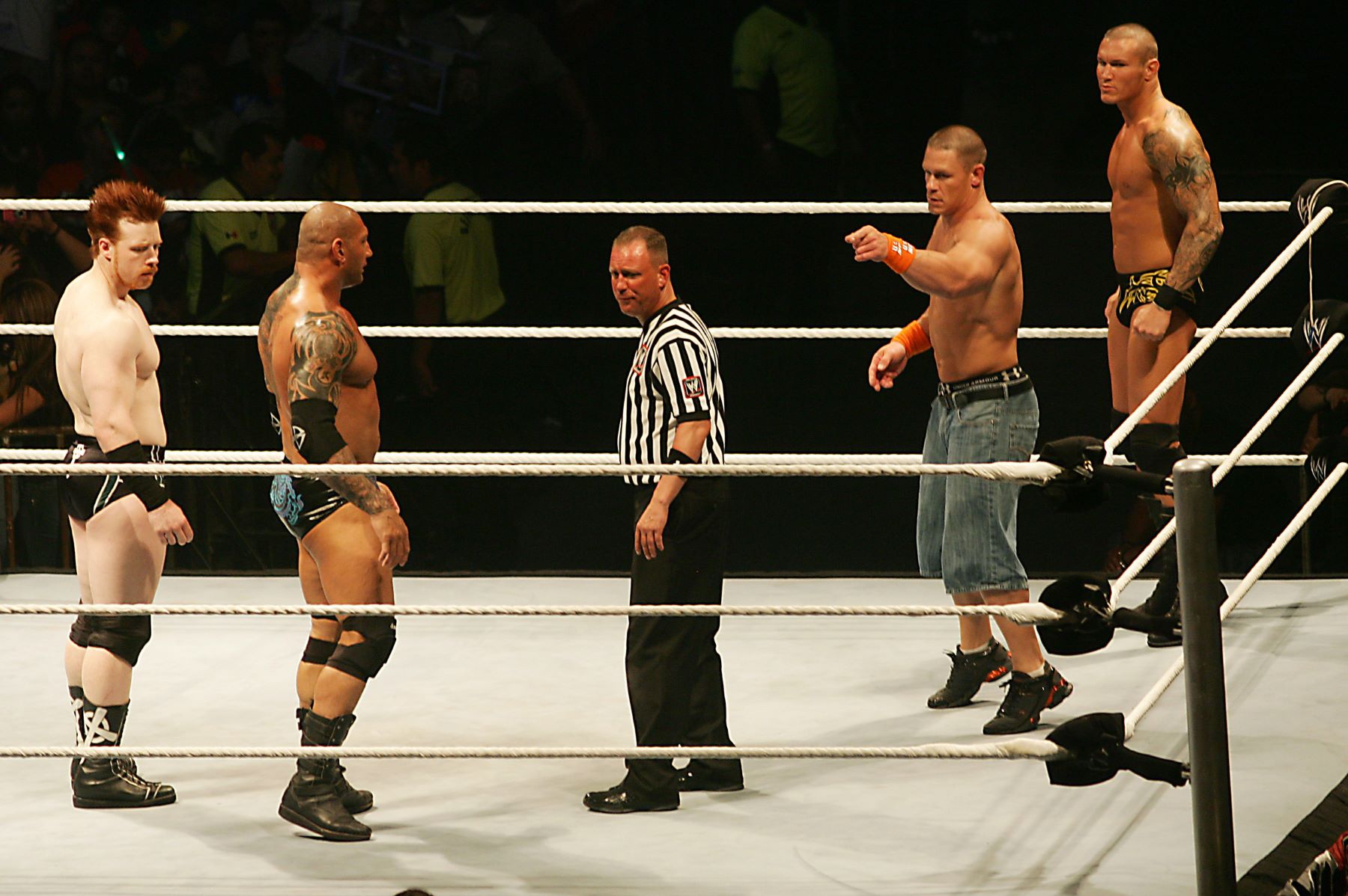 Dave Bautista and John Cena during a WWE RAW wrestling event