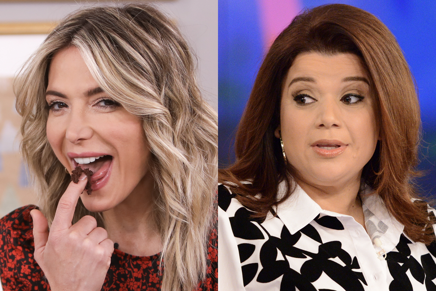 Debbie Matenopoulos eating chocolate with her finger and Ana Navarro looking seriously