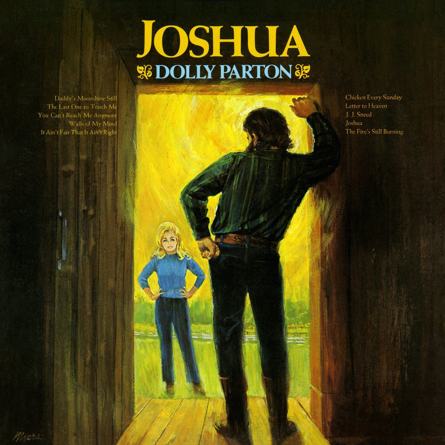 Dolly Parton's album cover for 'Joshua.' A little painted Dolly stands at the door of a towering man.