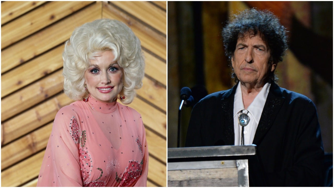 Dolly Parton wears a flowy pink and Bob Dylan wears a suit and bolo tie.