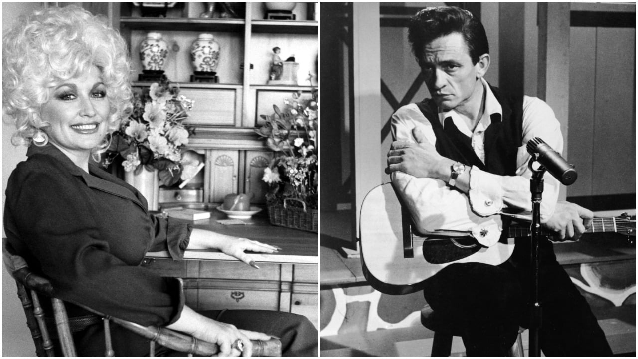 A black and white photo of Dolly Parton next to a black and white photo of Johnny Cash
