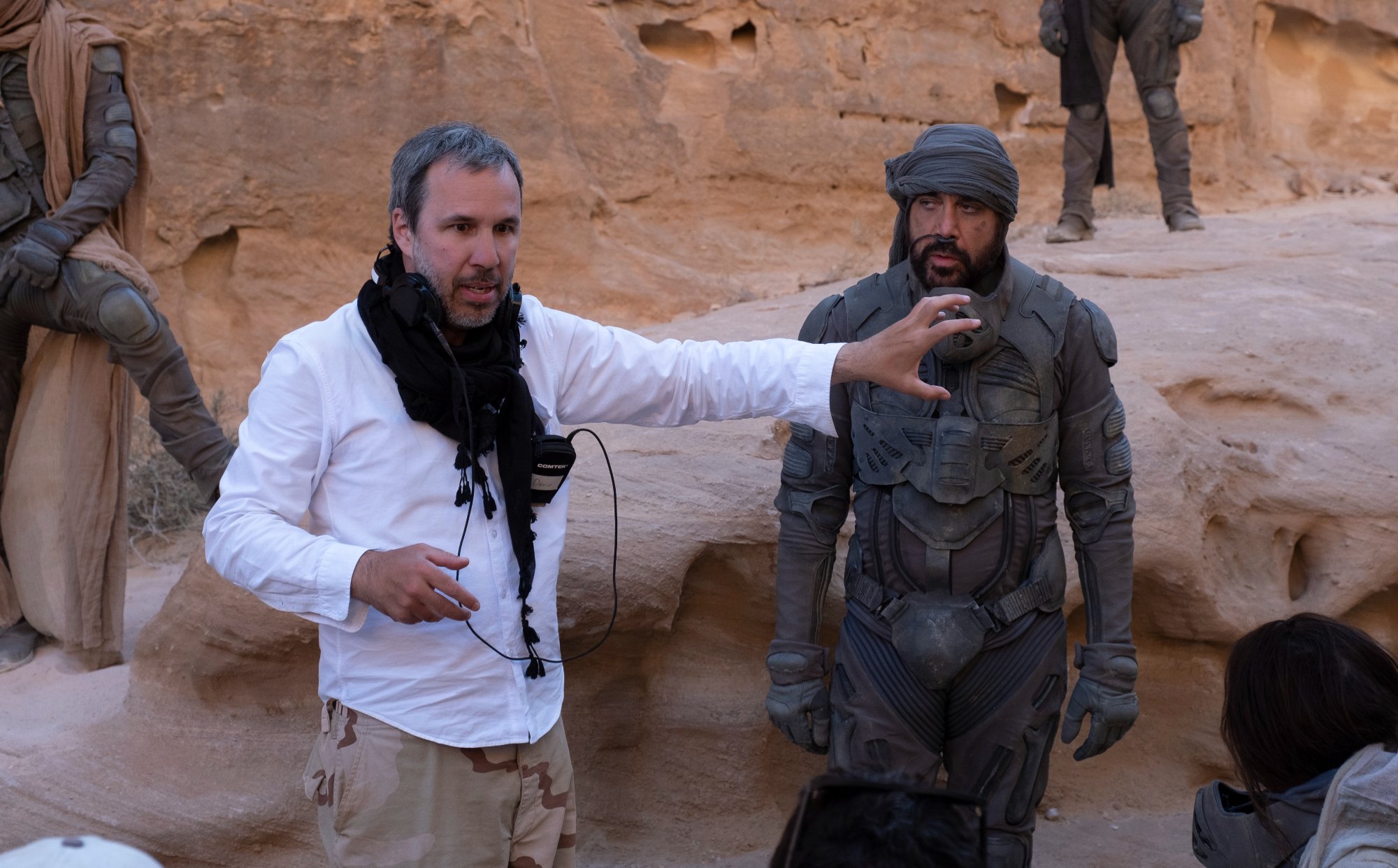 'Dune' filmmaker Denis Villeneuve and actor Javier Bardem on the set giving direction