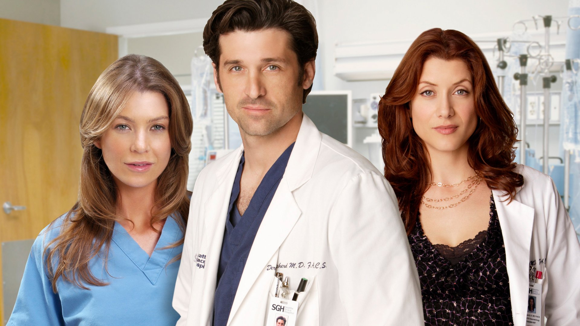 Headshot of Ellen Pompeo as Meredith Grey, Patrick Dempsey as Derek Shepherd, and Kate Walsh as Addison Montgomery in ‘Grey’s Anatomy’