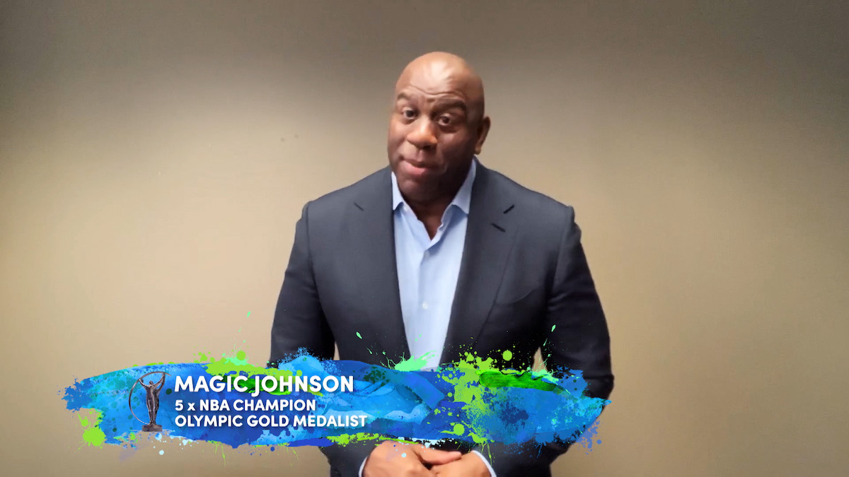 Former NBA player Magic Johnson pays tribute to Billie Jean King the winner of the Laureus Lifetime Achievement Award during the Laureus World Sports Awards 2021 Virtual Award Ceremony