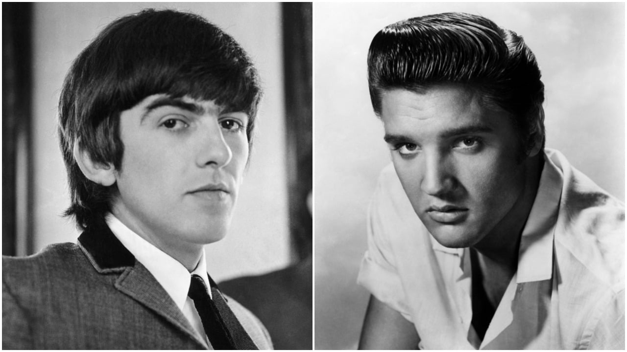 A black and white portrait of George Harrison next to a black and white portrait of Elvis Presley