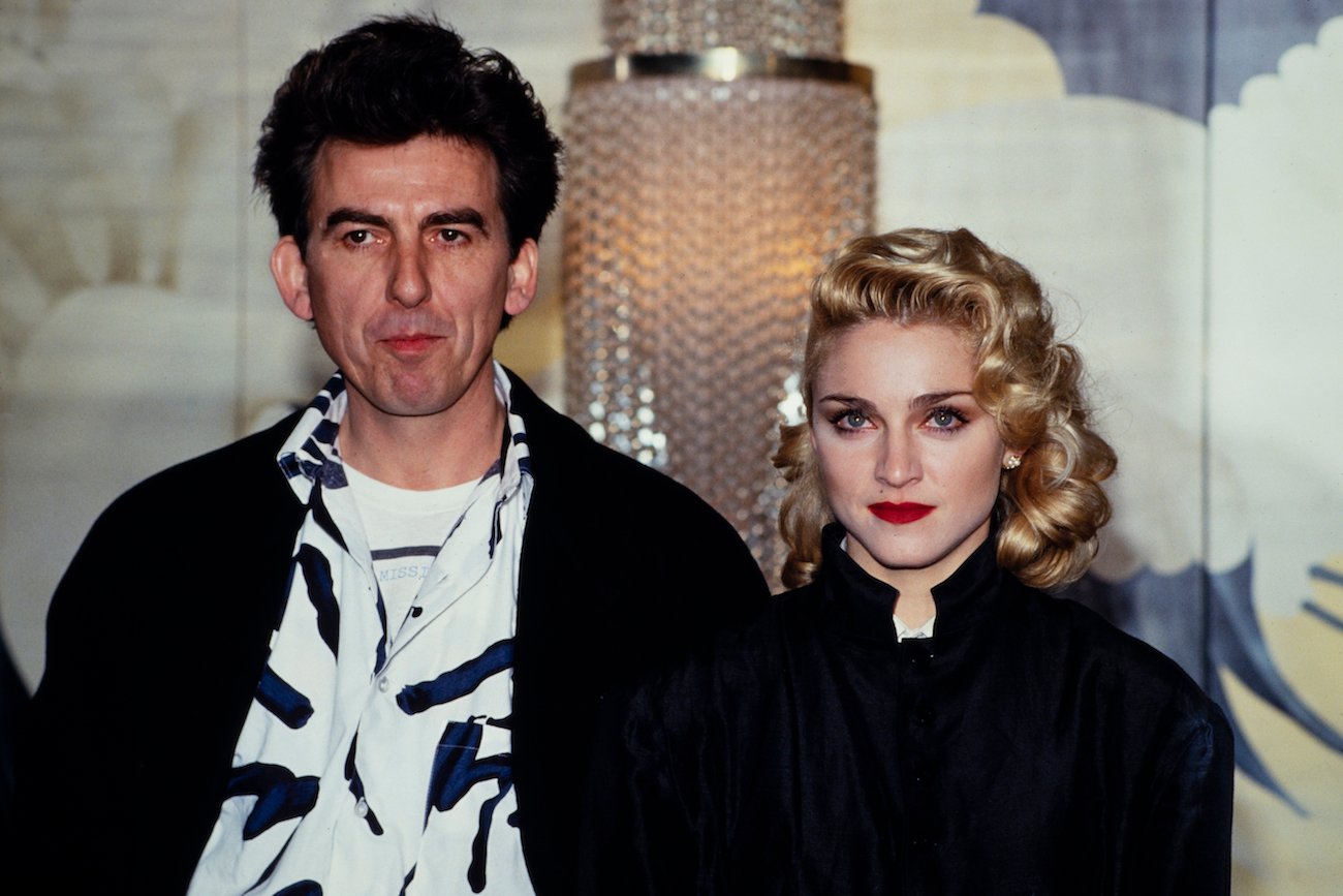 George Harrison and Madonna at a press conference for 'Shanghai Surprise,' in 1986.
