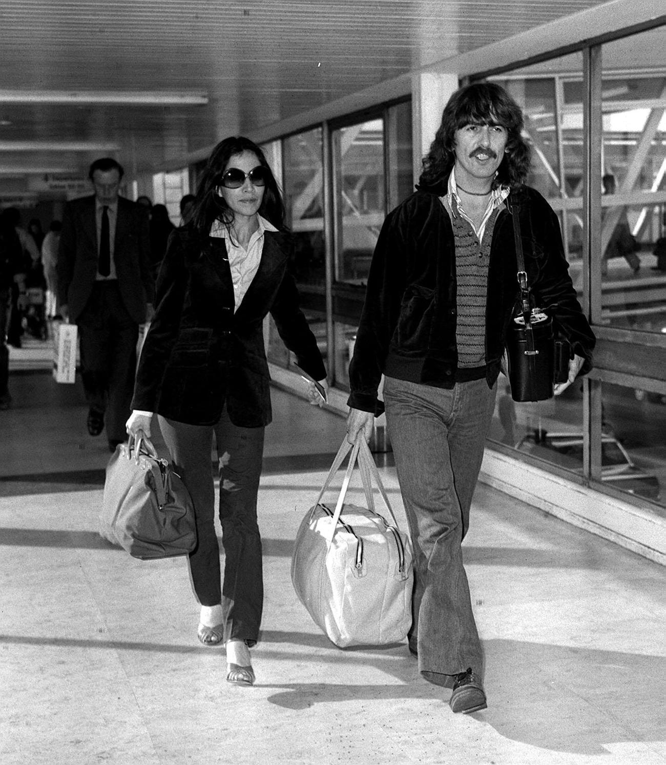 George Harrison and Olivia Arias arriving at Heathrow Airport in 1977.